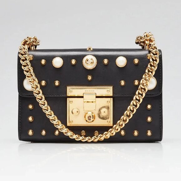 Gucci Black Leather Faux Pearl Stud Padlock Small Shoulder Bag - Picture 1 of 11